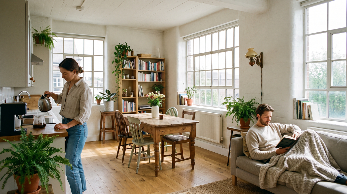 Bright open-plan apartment on a sunny weekend morning