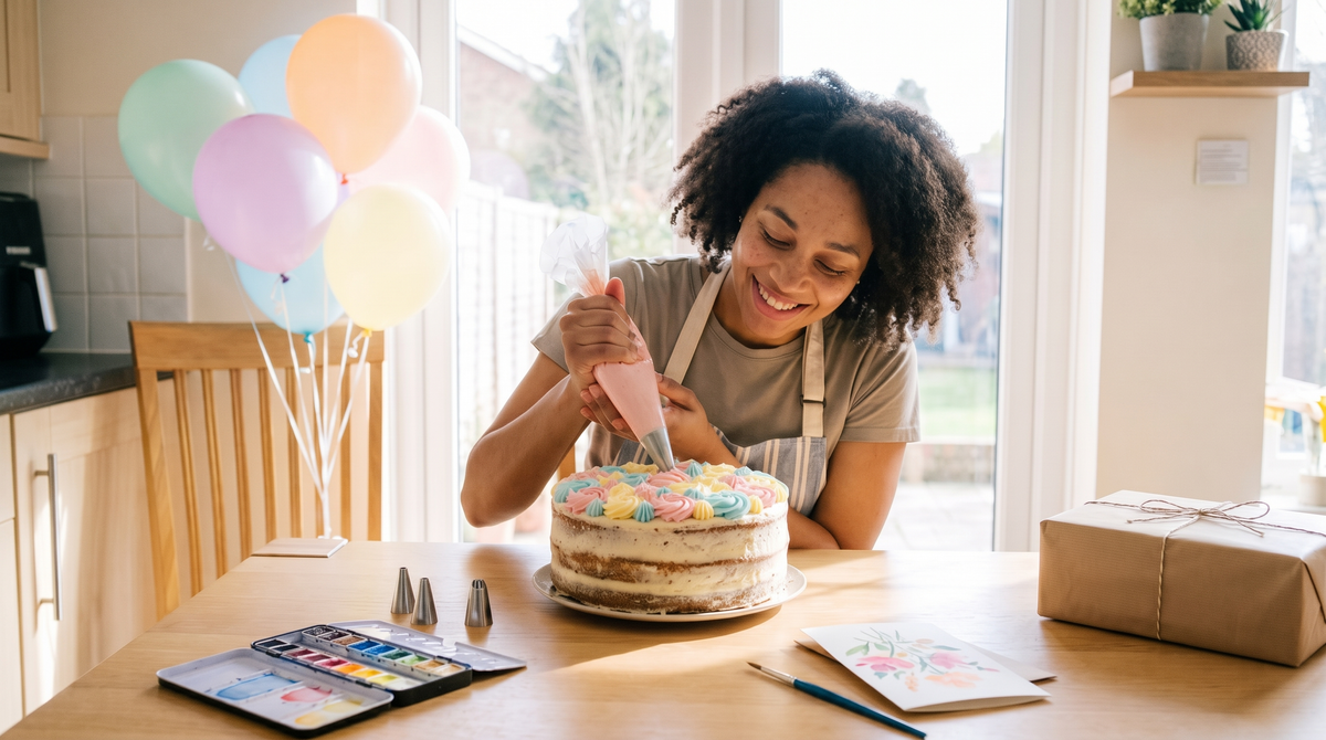 Woman piping buttercream rosettes on a homemade cake for a party