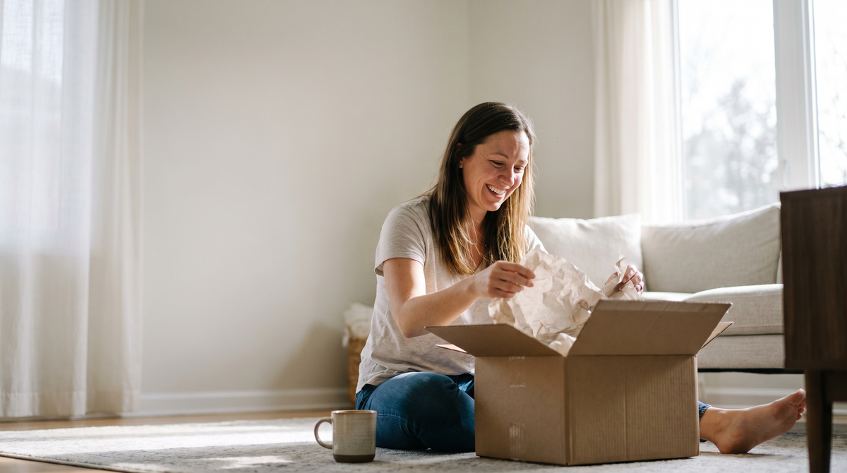 Woman opening a delivered parcel in her bright living room