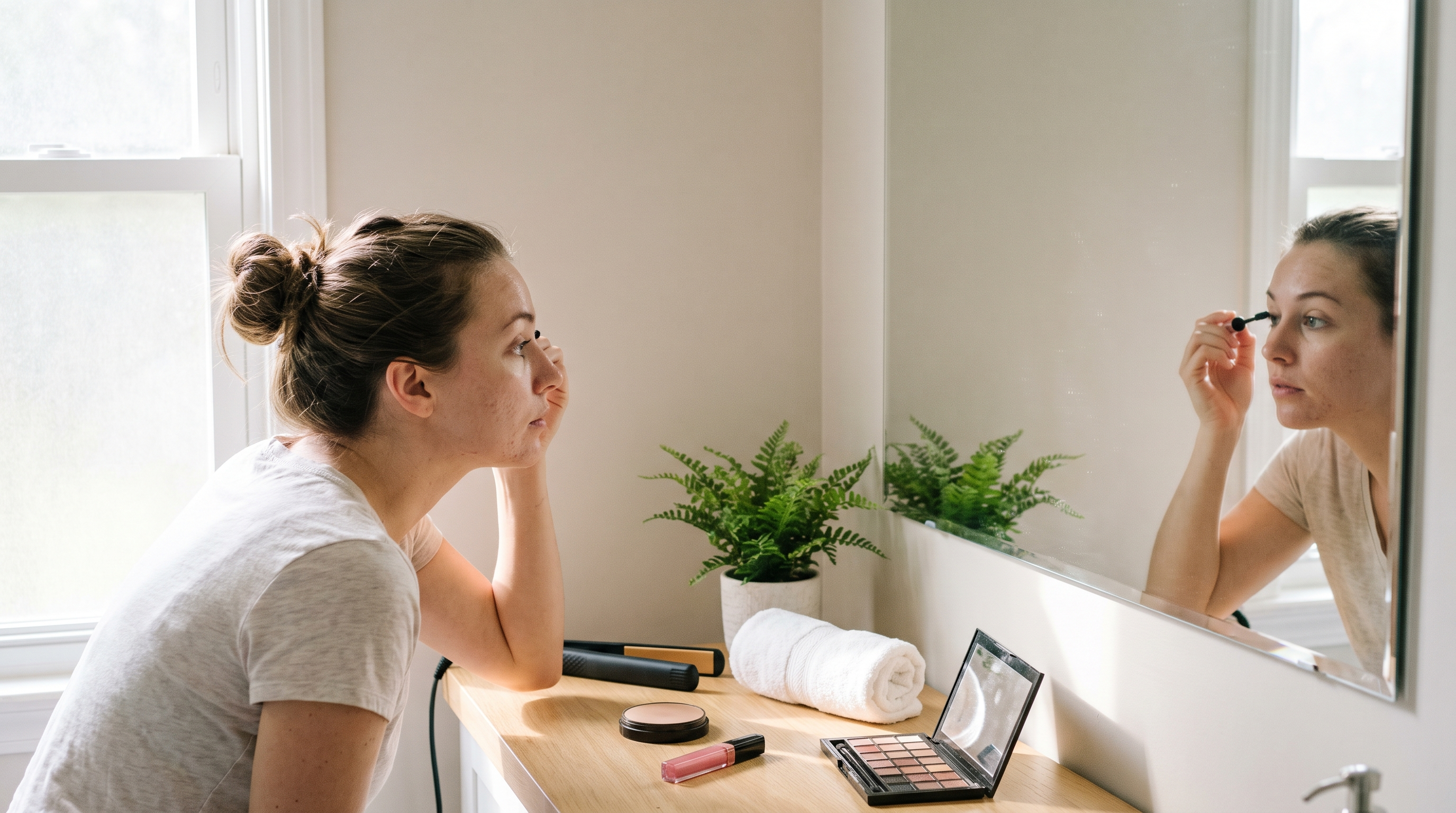 Woman getting ready at a bright bathroom vanity, applying mascara