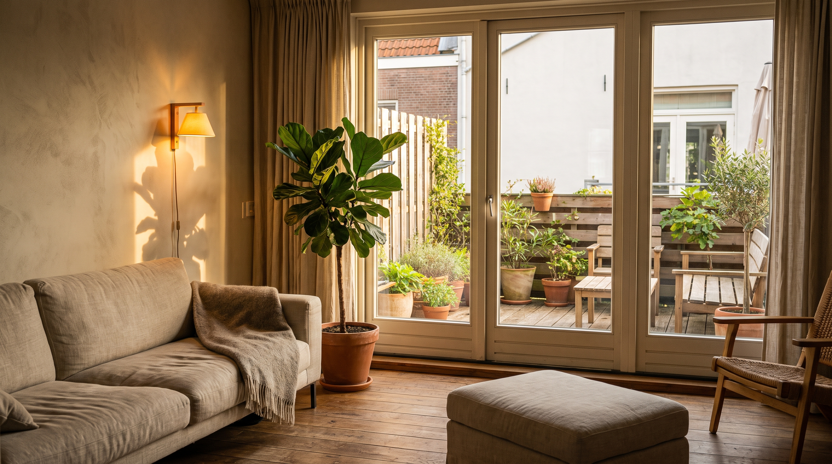Bright living room opening onto a garden terrace at golden hour