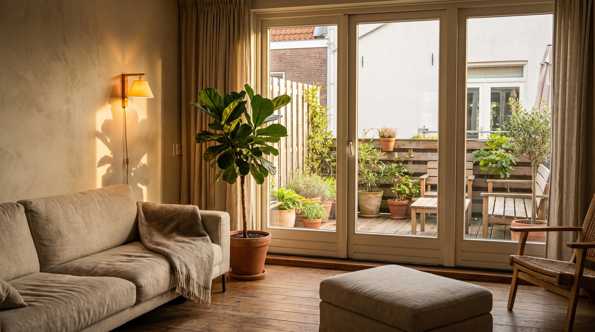 Bright living room opening onto a garden terrace at golden hour
