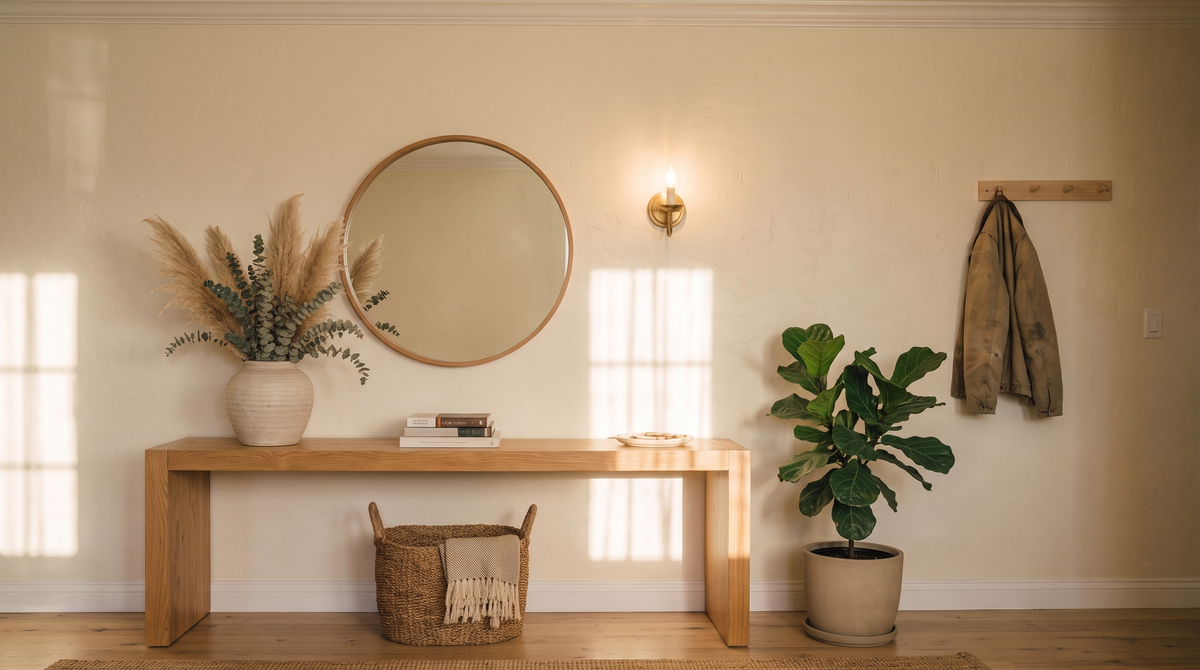 Sunlit home entryway with an oak console, dried flowers and a warm wall light