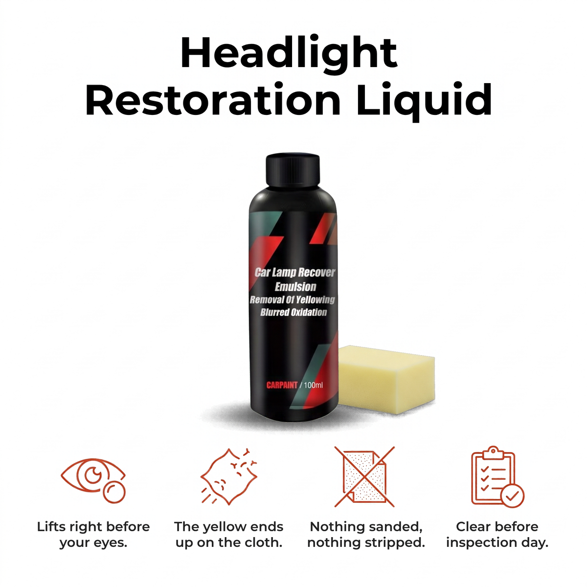 Headlight Restoration Liquid: lifts right before your eyes, nothing sanded, clear before inspection day