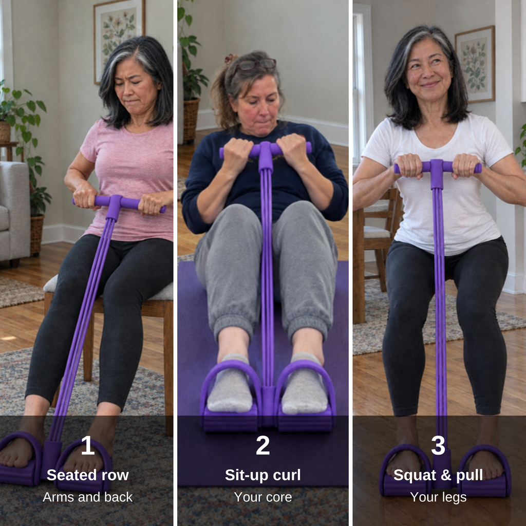 3 moves: seated row, sit-up curl, squat and pull
