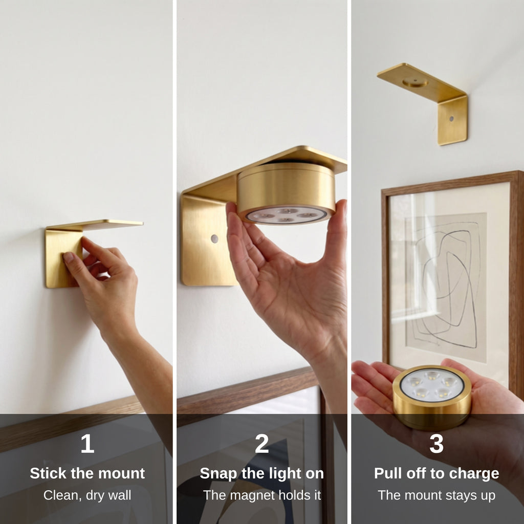 How it works: stick the mount, snap the light on, pull off to charge
