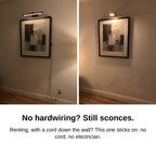 Before and after: plug-in sconce with a cord versus the wireless picture light