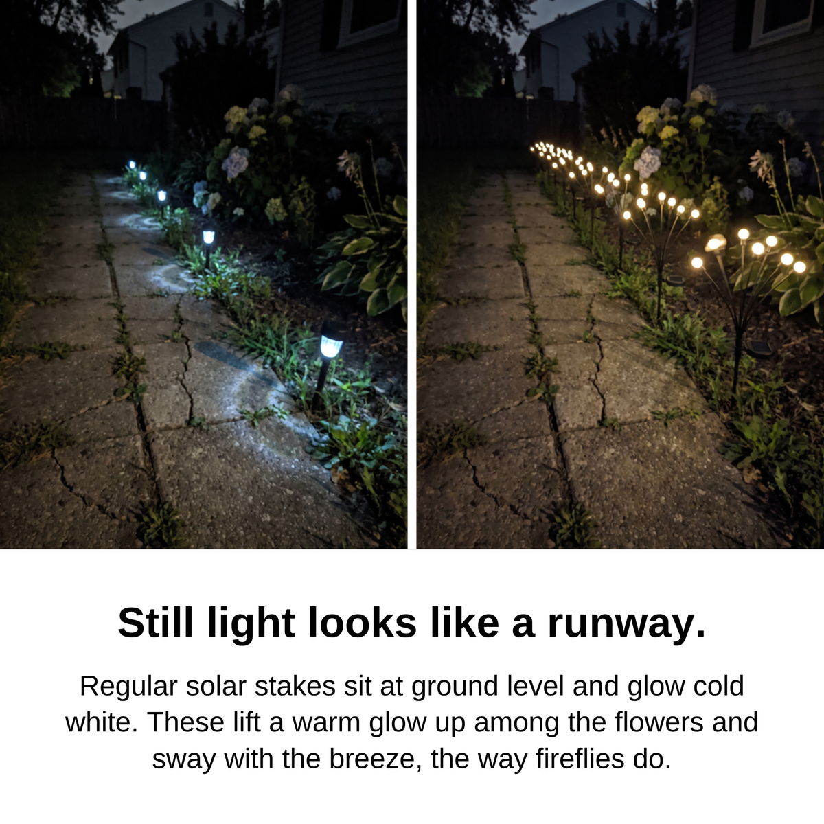 Cold white solar path lights compared with warm swaying Solar Powered Firefly Lights