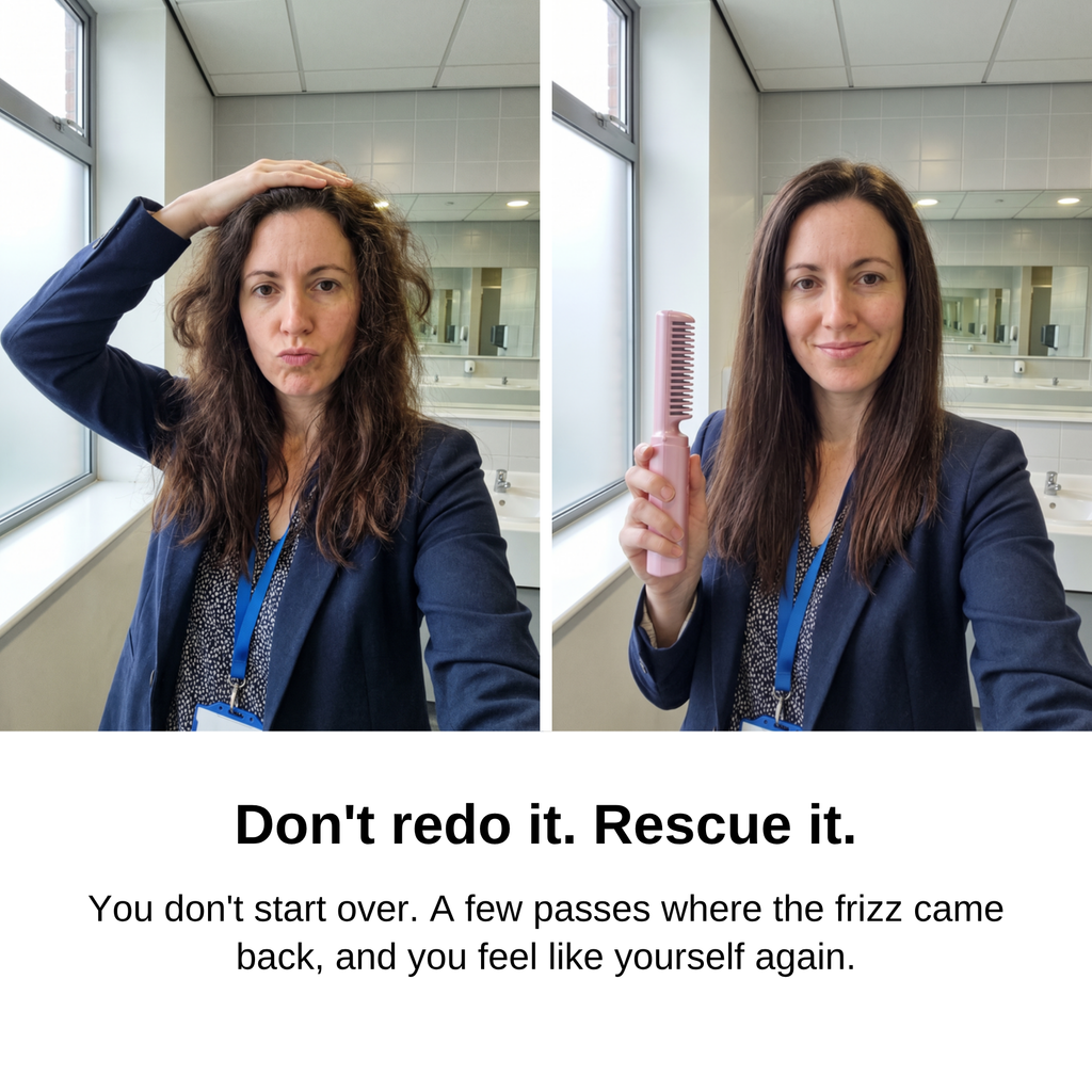 Before and after: midday frizz fixed at the office with the Cordless Straightening Brush