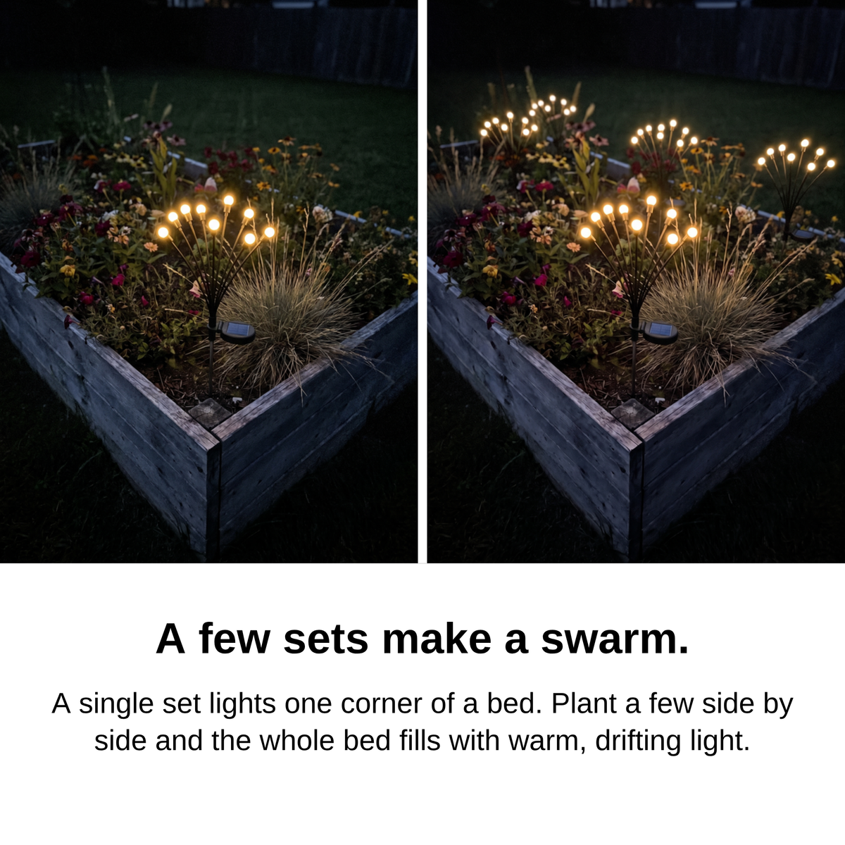 One set versus several sets of Solar Powered Firefly Lights in a raised flower bed