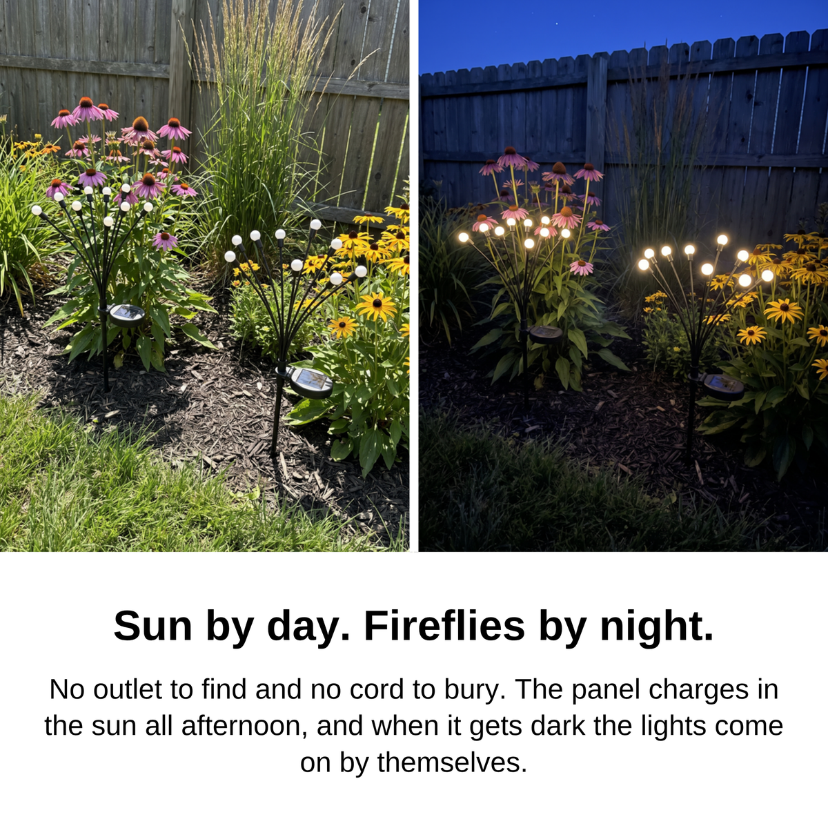 Sun by day, fireflies by night: Solar Powered Firefly Lights charging in the afternoon and glowing after dark