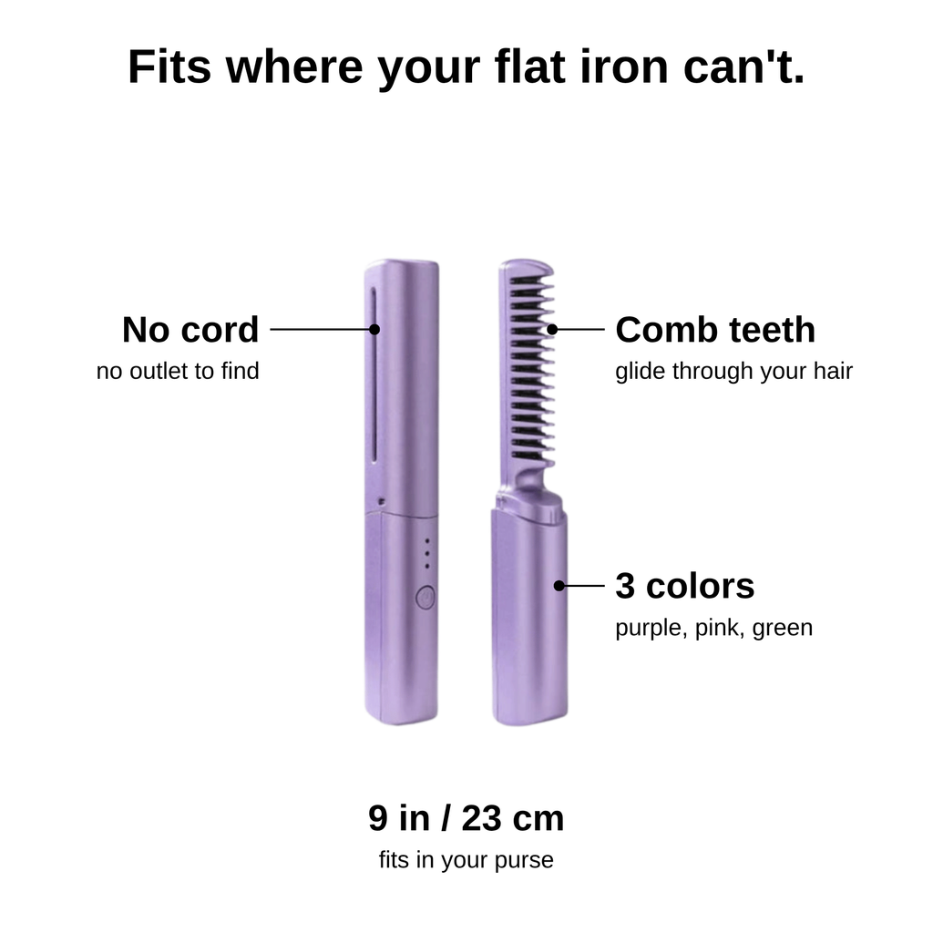 Cordless Straightening Brush: no cord, comb teeth, 9 in / 23 cm, 3 colors