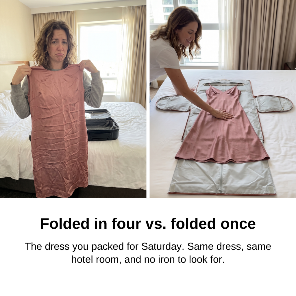 Before and after: a creased dress from a suitcase, the same dress smooth in the Carry-On Garment Duffel