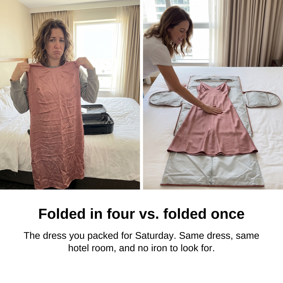 Before and after: a creased dress from a suitcase, the same dress smooth in the Carry-On Garment Duffel