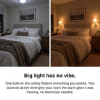 Before and after: harsh ceiling light vs warm wireless wall sconces