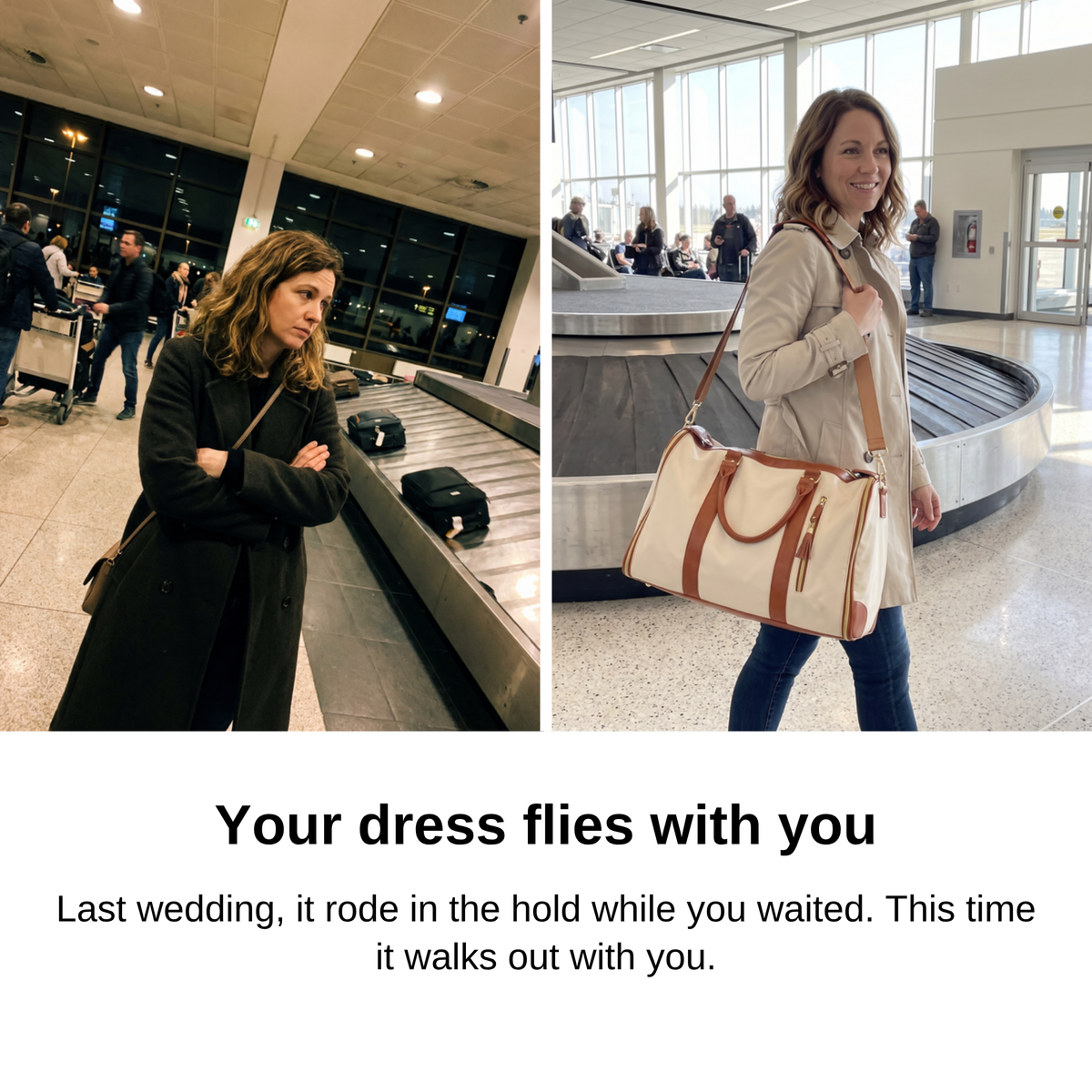 Before and after: waiting at the baggage carousel, then walking out with the Carry-On Garment Duffel