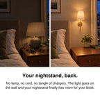 Before and after: cluttered nightstand with a lamp vs clear nightstand with a wall sconce