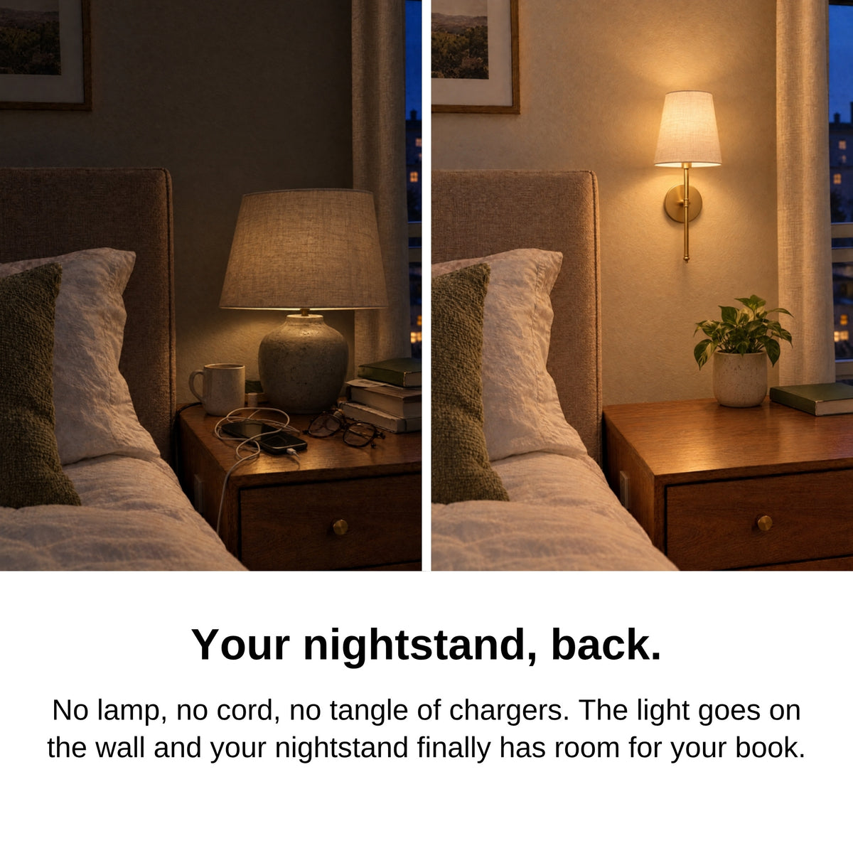 Before and after: cluttered nightstand with a lamp vs clear nightstand with a wall sconce