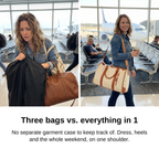 Before and after: three bags to juggle, then one Carry-On Garment Duffel on the shoulder