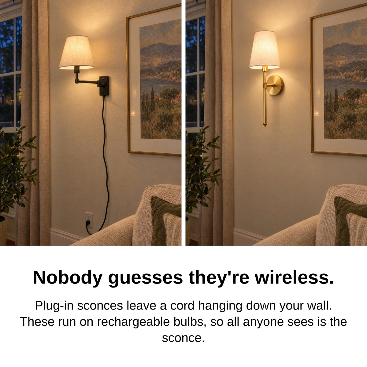 Before and after: plug-in lamp with a hanging cord vs wireless sconce on a clean wall