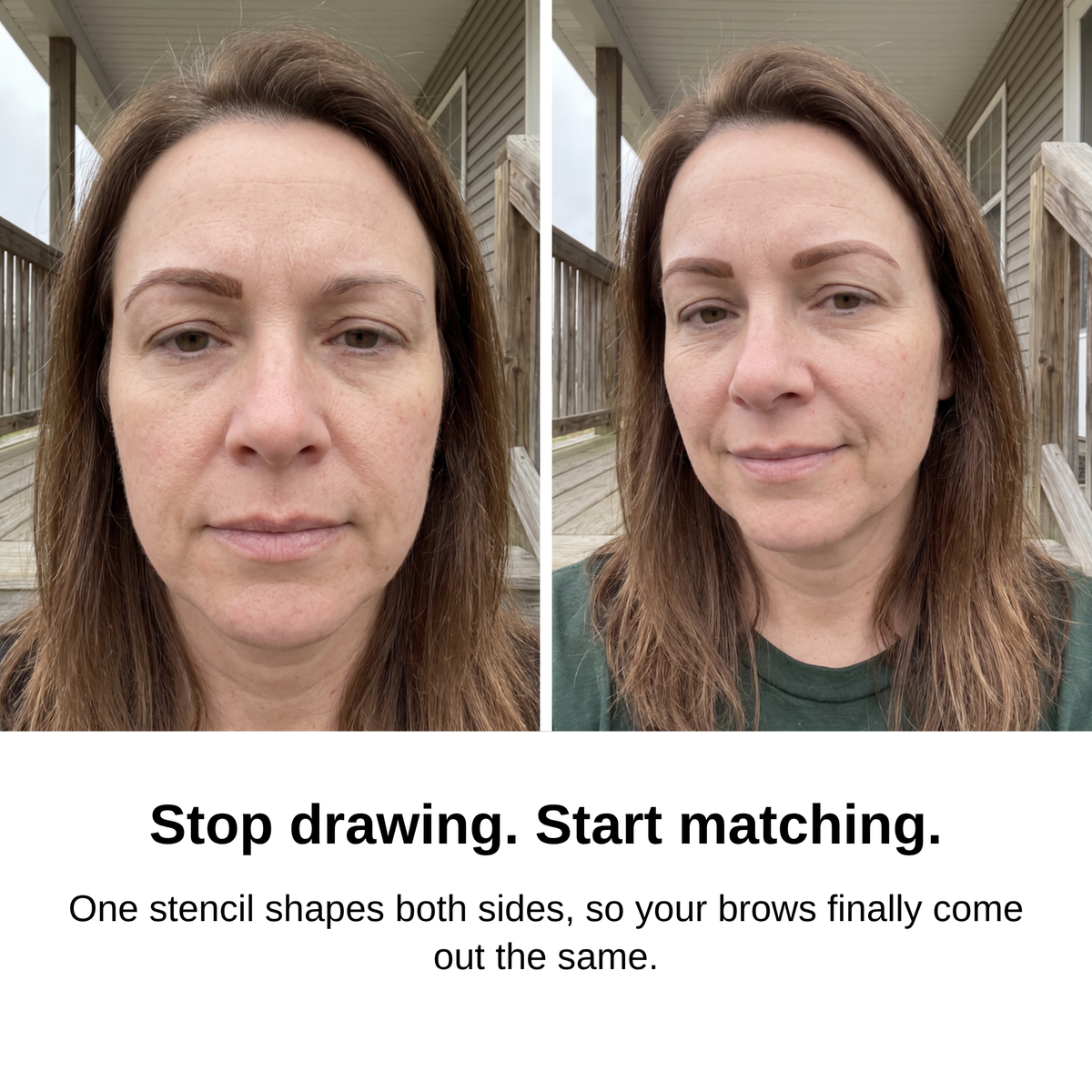 Before and after: uneven pencil brows, then two matching brows