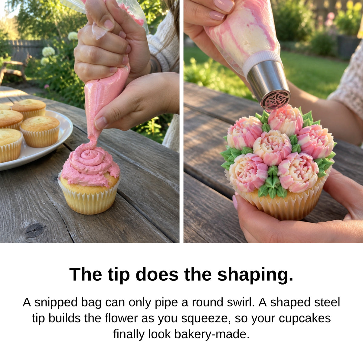 Snipped bag swirl vs. Russian piping tip flowers — the tip does the shaping