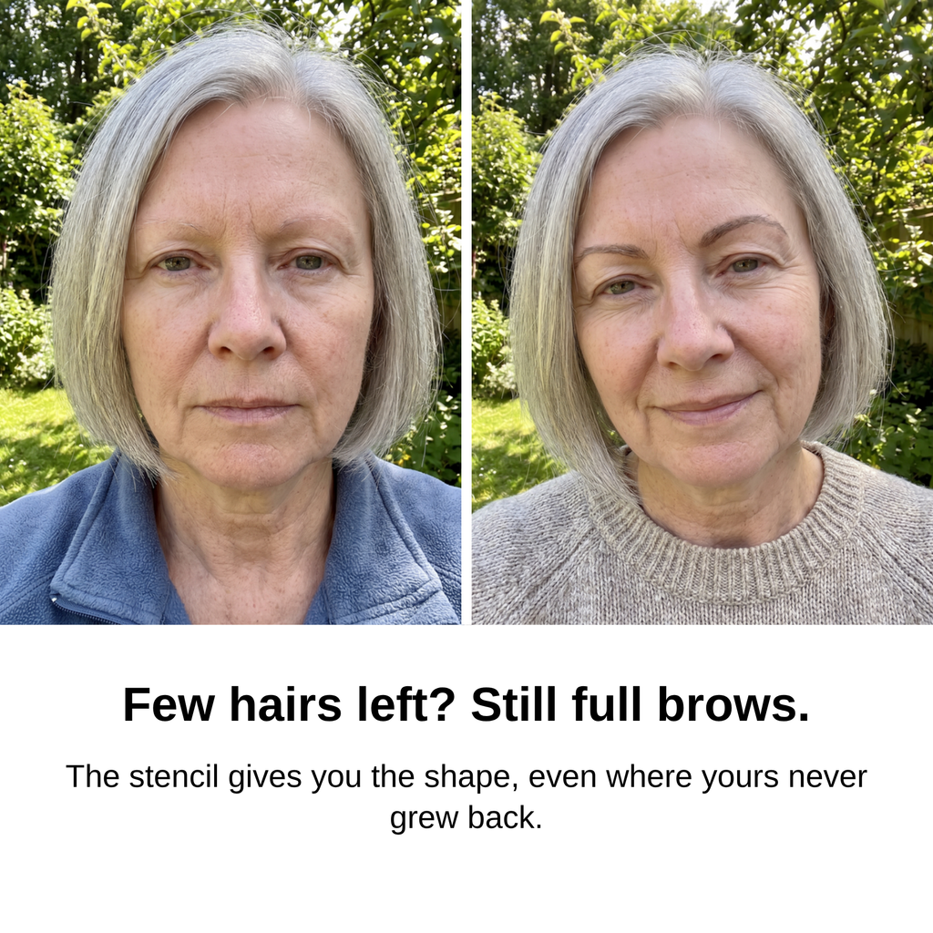 Before and after: sparse brows that never grew back, then full soft brows