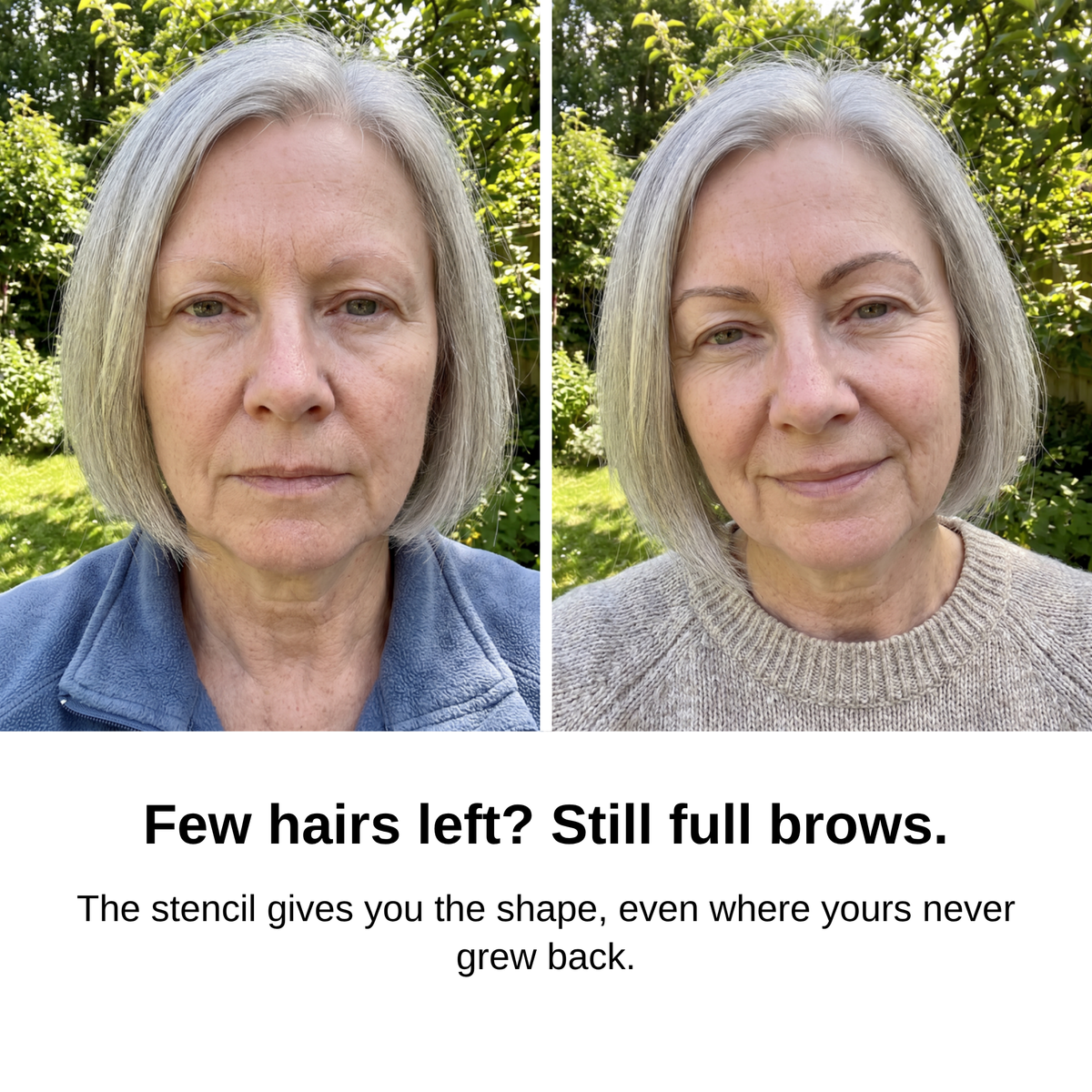 Before and after: sparse brows that never grew back, then full soft brows