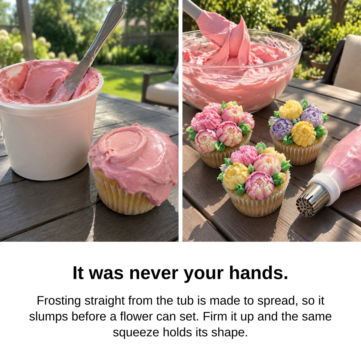 Soft canned frosting slumps vs. firm buttercream holds piped flowers