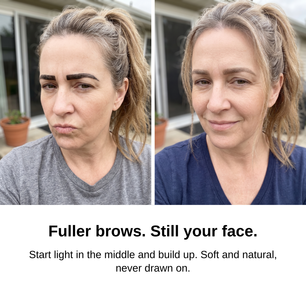 Before and after: dark blocky brows, then soft natural brows