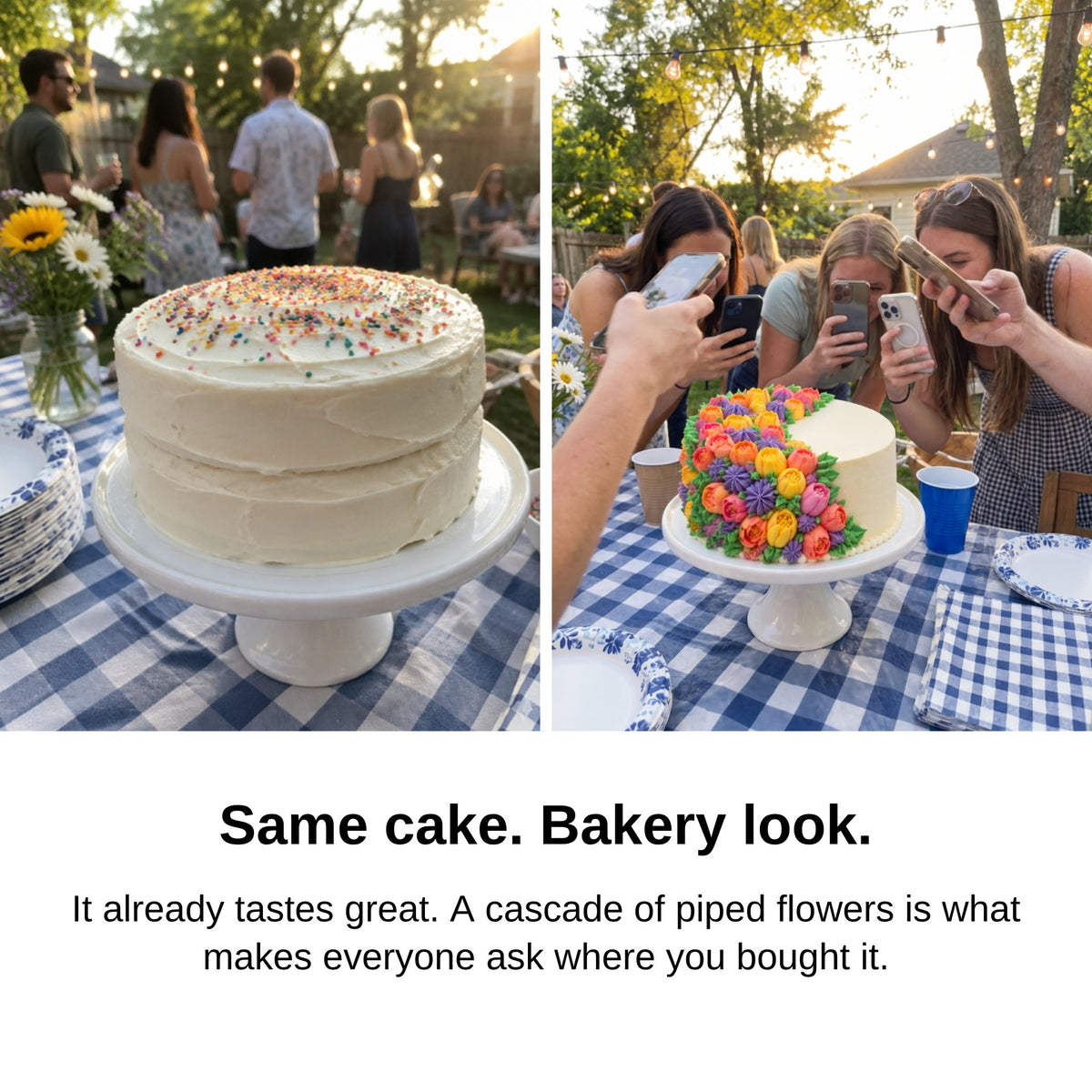 Same cake, bakery look — guests snapping a cake decorated with piped buttercream flowers
