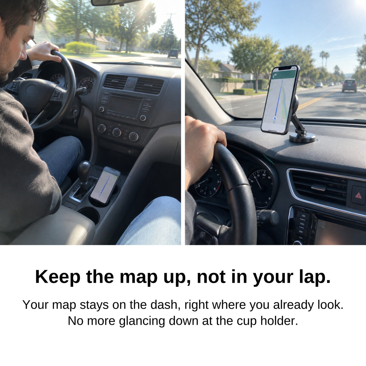 Before and after: phone in the cup holder vs on the dash with the magnetic holder