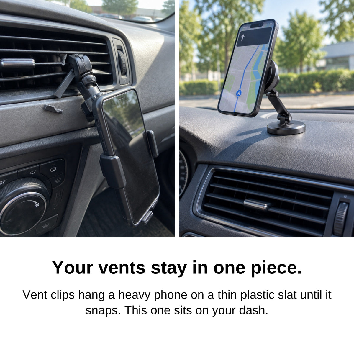 Before and after: vent clip breaking a vent vs dash mount leaving vents intact