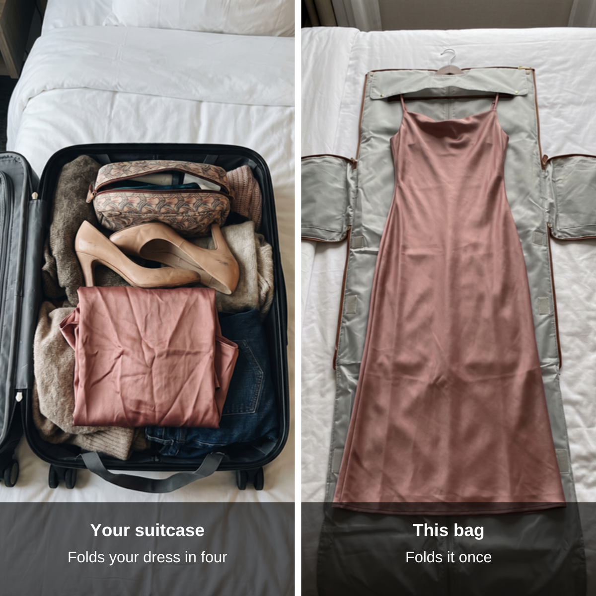 A suitcase folds your dress in four, the Carry-On Garment Duffel folds it once