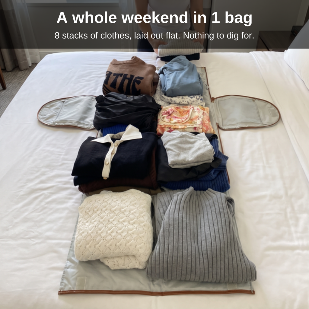 A whole weekend of clothes laid out flat in the open Carry-On Garment Duffel