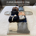A whole weekend of clothes laid out flat in the open Carry-On Garment Duffel