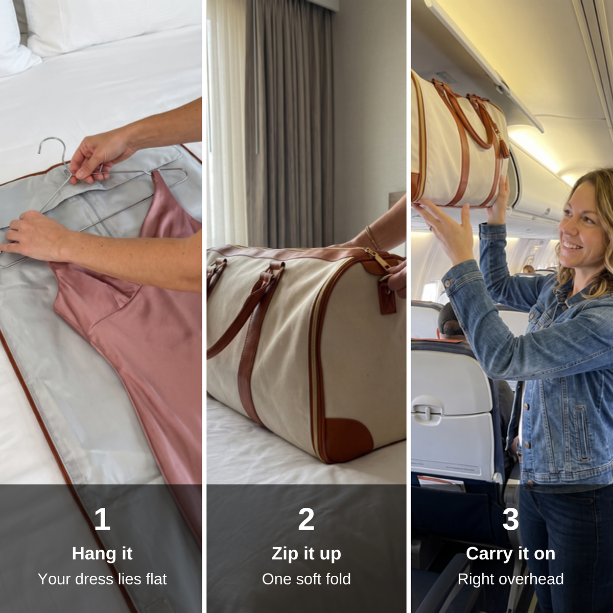 Three steps: hang it, zip it up, carry it on