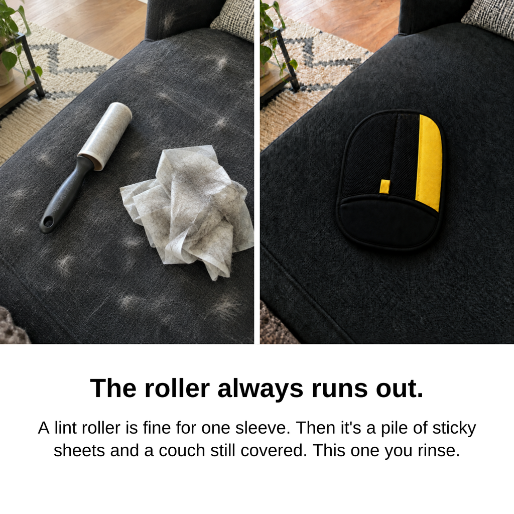 The roller always runs out: couch with a used lint roller, then clean with the pet hair glove