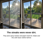 Patio door before and after: streaks and lint in the sun, then clear glass