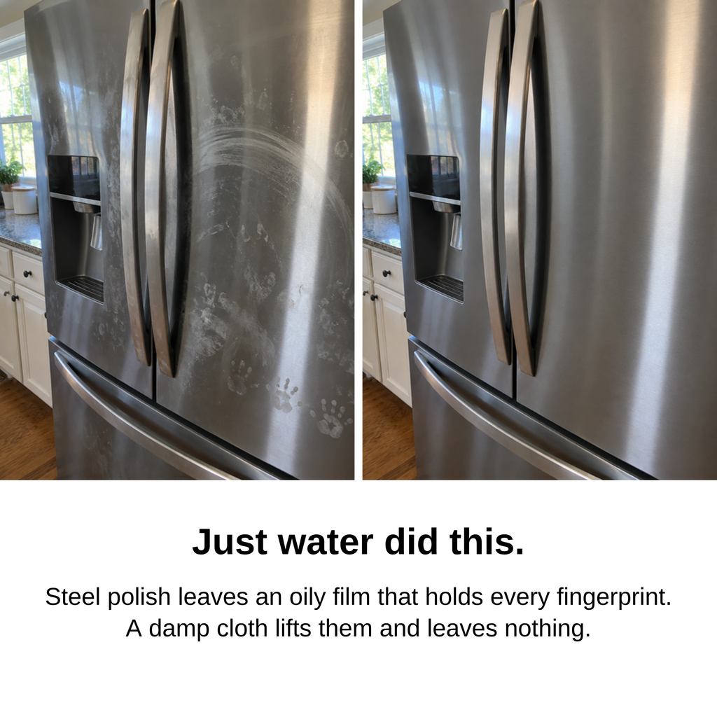 Stainless steel refrigerator before and after: fingerprints, then a clean finish with just water