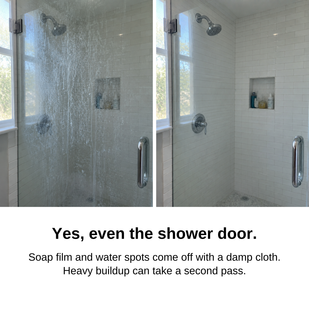 Glass shower door before and after: water spots and soap film, then clear glass