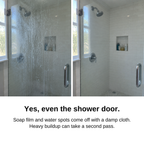 Glass shower door before and after: water spots and soap film, then clear glass