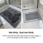 Before and after: a thick soggy bath rug next to the thin mat that dries