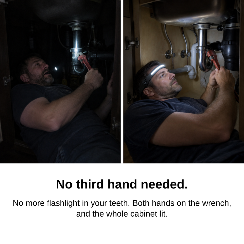 Before: flashlight held in the teeth under the sink. After: both hands on the wrench with the headlamp lighting the whole cabinet.