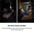 Before: flashlight held in the teeth under the sink. After: both hands on the wrench with the headlamp lighting the whole cabinet.
