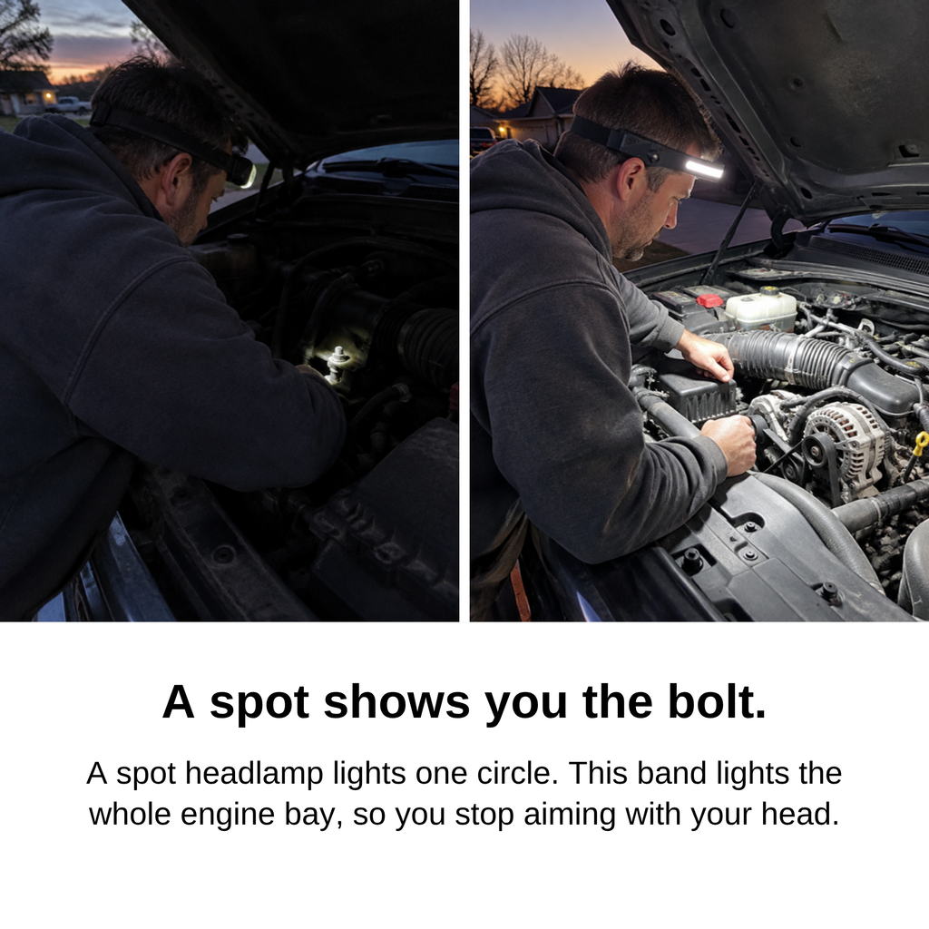 Before: a spot headlamp lights one bolt. After: the wide-beam headlamp lights the whole engine bay.