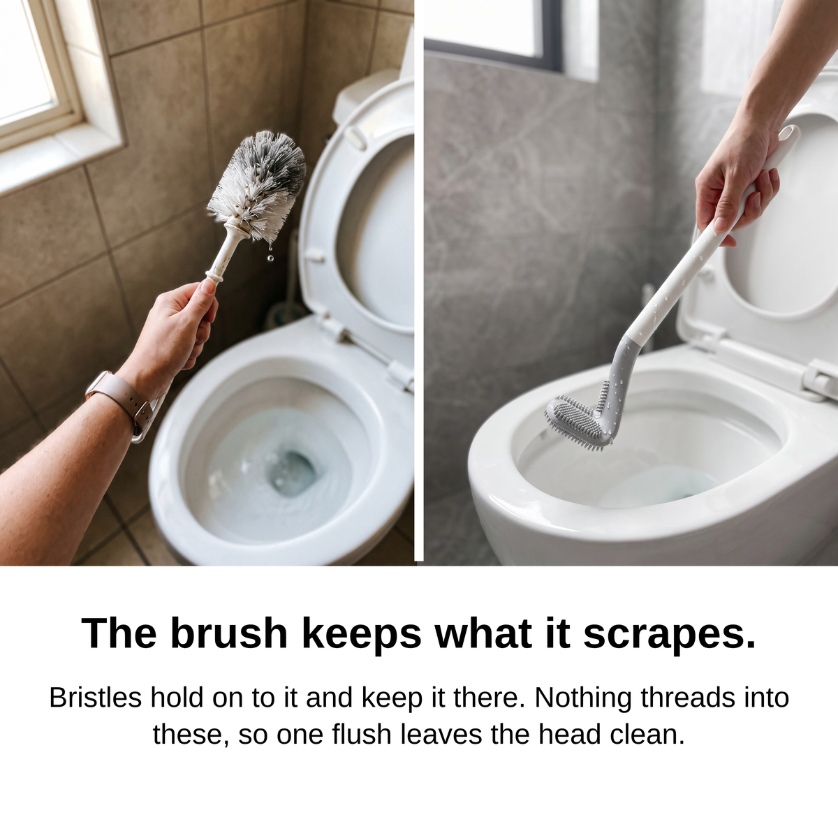 Bristles hold what they scrape; nothing threads into silicone nubs