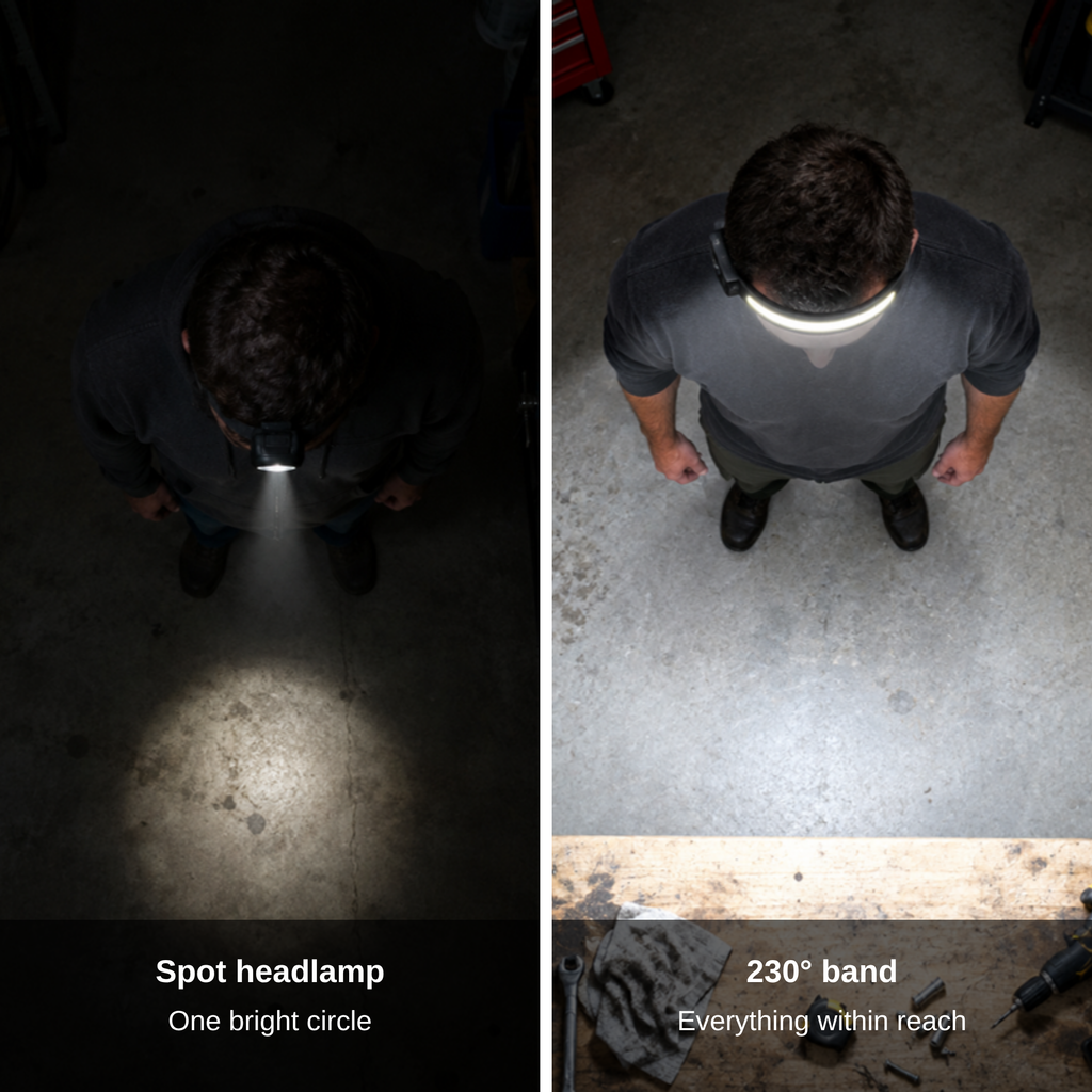 Top view: a spot headlamp lights one circle, the 230 degree band lights the whole work area.