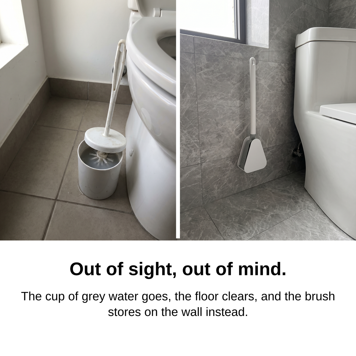 The cup of grey water goes and the brush stores on the wall instead