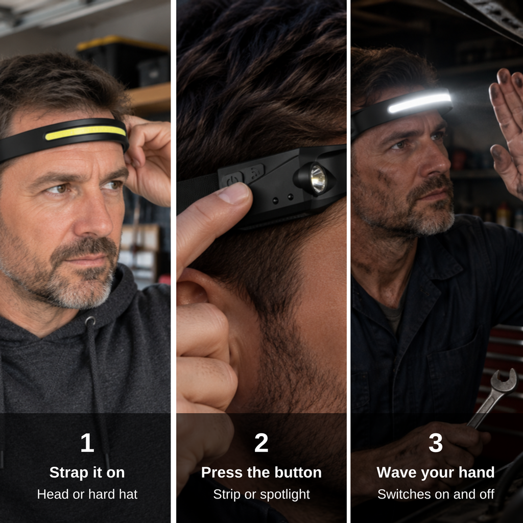 Three steps: strap the headlamp on, press the button, wave your hand.